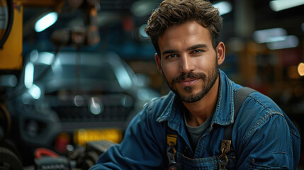Obraz premium Young male car mechanic smiling