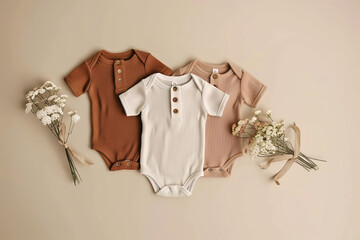 Baby onesie set on a beige background. Fashion newborn clothes. Flat lay, top view. Baby kids soft clothing made from organic cotton. Infant trendy bodysuit natural colors, earth tones. Gender neutral