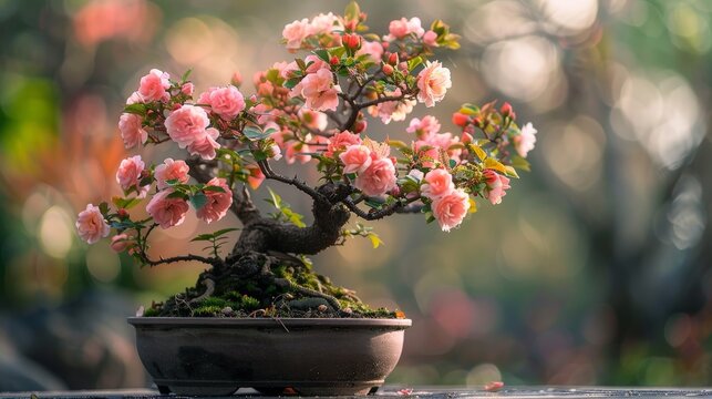 Delicate rose bonsai tree with pink blossoms