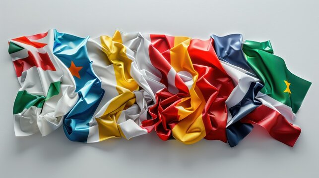 A bunch of flags from different countries are folded