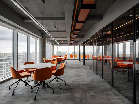Interior de oficina moderno en tonos grises con ventanas panor&aacute;micas, mamparas de vidrio y detalles en naranja