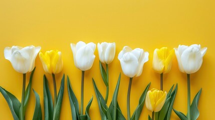Naklejka premium Top view of yellow and white tulip flowers arranged on a bright yellow surface, perfect for spring-themed compositions