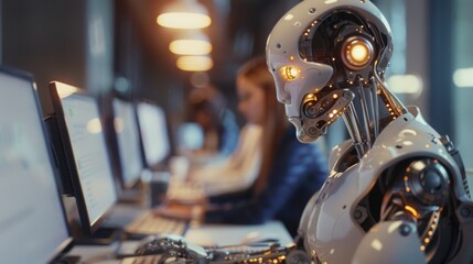 Fototapeta premium A humanoid robot with glowing eyes and metallic skin working at the computer