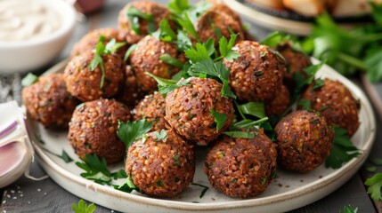 A plate of crispy falafel balls, garnished with fresh parsley and tahini sauce