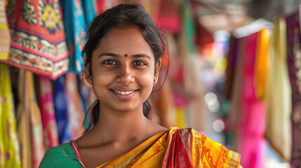 Young indian woman standing in saree shop