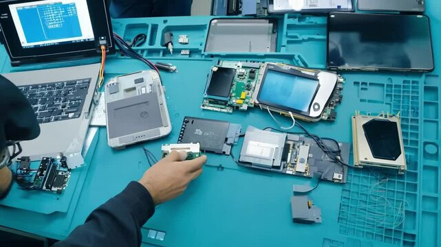 A tech repair shop, technicians fixing various gadgets from smartphones to laptops.