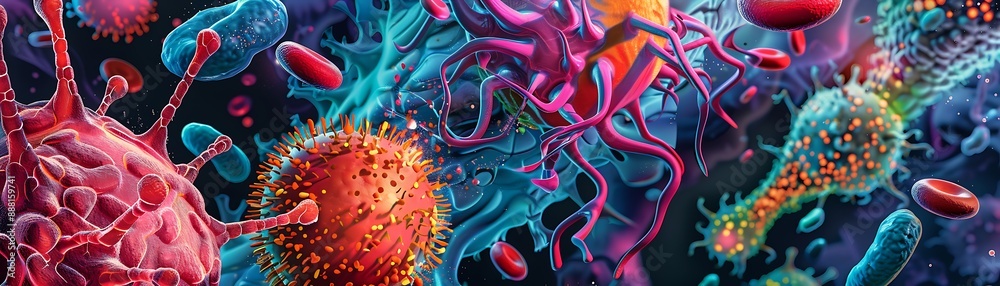 Poster microscopic view of a virus and immune cells