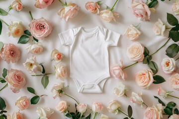 White cotton baby bodysuit with pink roses on a white fabric background with copy space, June flower pregnancy announcement mockup template