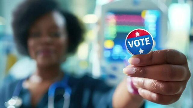 A video of a blace woman holding a button with the inscription VOTE and the American flag in his hand. Voting and elections icon. The concept of positivity and politics for the American government