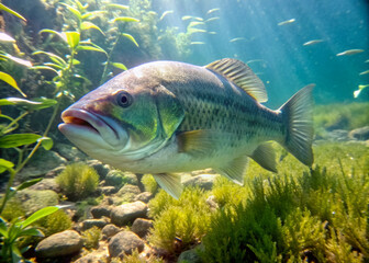 Fototapeta premium A large mouth bass swims in clear water, its greenish-gray scales glistening in the sunlight, surrounded by aquatic plants and underwater scenery.