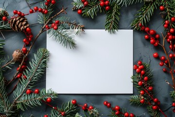 Blank card surrounded by festive pine branches and red berries on a dark background festive concept