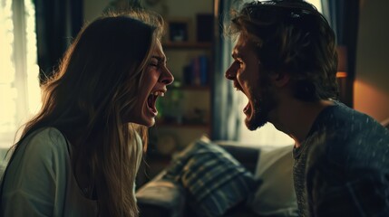 Naklejka premium Angry young adult Caucasian woman yelling versus her husband at home living room, Young couple arguing and fighting. Domestic violence, emotional abuse scene of woman and man screaming at each other