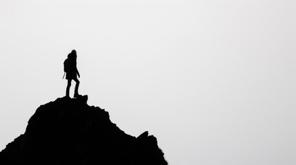 Naklejka premium Lonely Mountaineer Silhouette Walking Over Hilltop at Sunset