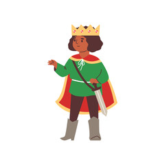 Boy actor dressed as a king or prince with golden crown, red cape and sword, vector child in fairy tale theater costume