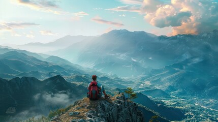 Backpacker sitting at top of panoramic mountain viewpoint. Panoramic landscape shot