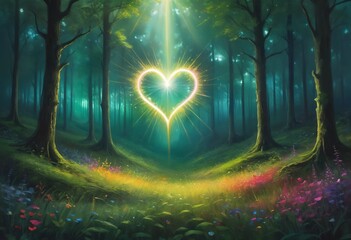 Obraz premium A dark green forest meadow with a colorful heart radiating light beams, magic lights, oil paint