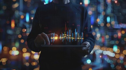 Businessman holding tablet and showing holographic graphs and stock market statistics gain profits. Concept of growth planning and business strategy