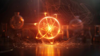 Glowing atomic symbol in dark science lab setting with swirling light particles, symbolizing energy, technology, and quantum physics.