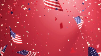 Fototapeta premium Celebrate Presidents Day with a Vibrant Banner Mockup Featuring American Flags, Confetti, and Ample Copy-space for Promotional Content - USA Independence, Labor, Memorial, and Election Concept