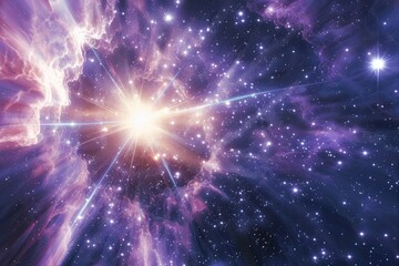 Obraz premium Stunning purple nebula amidst a starry backdrop, A pulsar sending out regular bursts of radiation across the cosmos, AI generated