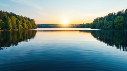 Obraz premium Serene lake at sunrise surrounded by lush forests, reflecting a golden sky with tranquil waters, perfect for nature and landscape photography.
