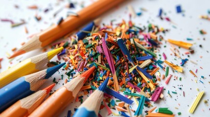 Obraz premium Colored pencil shavings in a pile on white surface from above