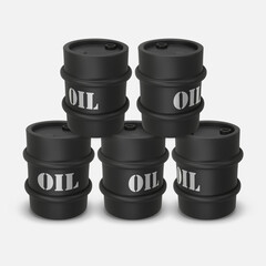 Stack of black metal drum. 3D rendering. Vector illustration isolated on white. Barrel of oil. Dangerous chemical liquids, flammable gases, toxins, oils, radiation waste. Oil Industry, Petrol Sign