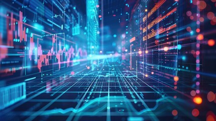 Abstract data visualization with digital grids and charts in a virtual space