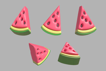 Vector set, 3d render piece of watermelon, isolated on pink background. Food icon. Red slice with black seeds and green skin. Vector illustration for postcard, icons, poster, banner, web, design, arts