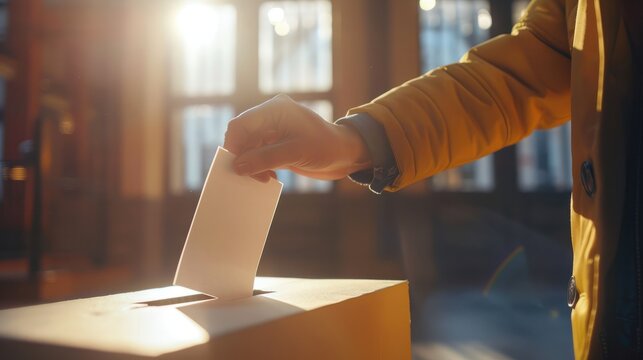 Close-up of a hand casting a ballot into a voting box, election day atmosphere