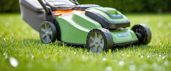 Fototapeta premium Close-up of a lawn mower for cutting and maintaining domestic or commercial lawns and meadows