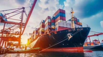 Naklejka premium A cargo ship being loaded with shipping containers at a busy port, cranes operating above as the logistics team ensures everything is in order. 