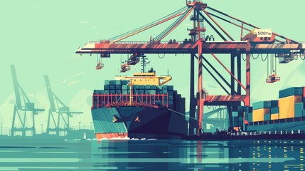 Naklejka premium A cargo ship being loaded with shipping containers at a busy port, cranes operating above as the logistics team ensures everything is in order. 