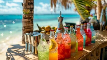 A beach bar with bottles of various tropical drinks lined up, vibrant and colorful, ready to be served. The background features the ocean and a lively, festive atmosphere. 