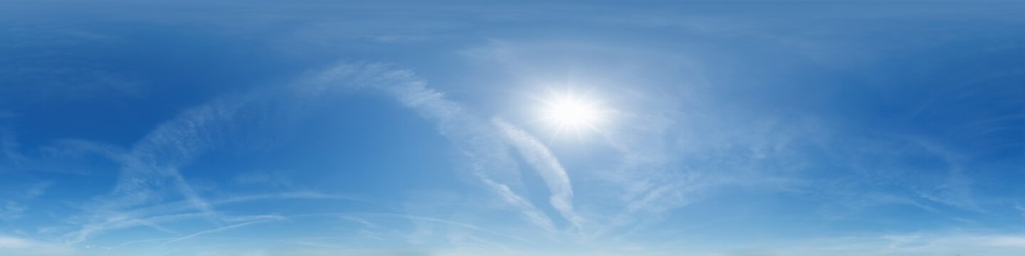 seamless cloudy blue sky hdri 360 panorama with zenith and beautiful clouds for use in 3d graphics or game development as skydome or edit drone shot as sky replacement