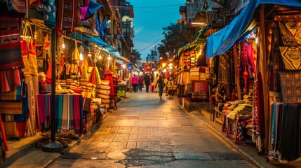 A bustling market street in an exotic city, with vibrant stalls, colorful textiles, and a variety of street food vendors. The road is alive with activity and culture. 
