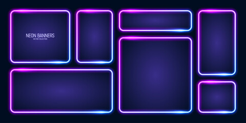 Glowing neon banners, illuminated colorful square frames. Shiny vibrant border, glow effect. Blue vintage retro lights, night illumination. Modern futuristic UI design elements. Vector illustration