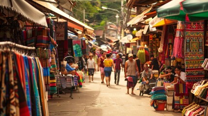 A bustling market street in an exotic city, with vibrant stalls, colorful textiles, and a variety of street food vendors. The road is alive with activity and culture. 