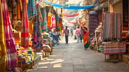A bustling market street in an exotic city, with vibrant stalls, colorful textiles, and a variety of street food vendors. The road is alive with activity and culture. 