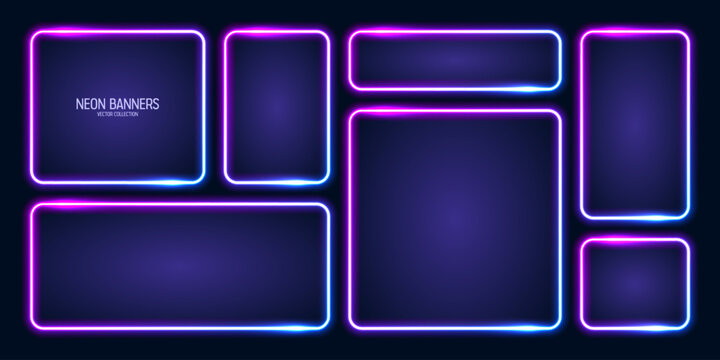 Glowing neon banners, illuminated colorful square frames. Shiny vibrant border, glow effect. Blue vintage retro lights, night illumination. Modern futuristic UI design elements. Vector illustration