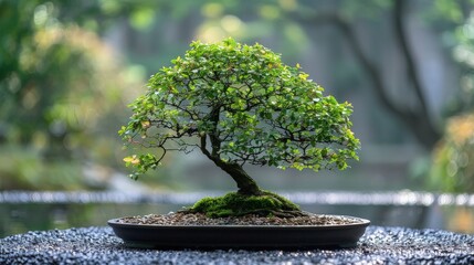 Elegant elm bonsai tree with delicate leaves in a serene Japanese tea garden