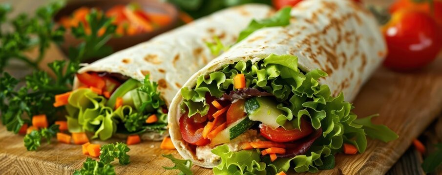 Vegetable wrap with hummus and mixed greens, portable meal, healthy lunch