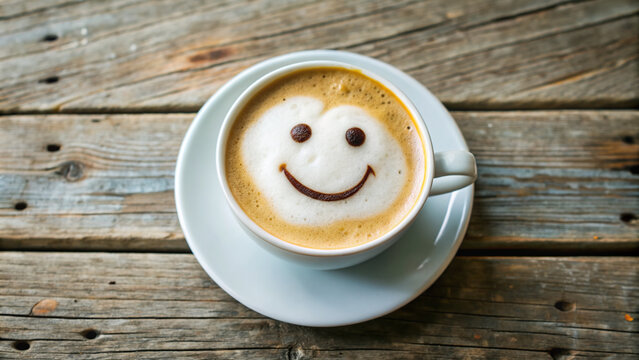 Whimsical coffee cup with a cheerful smiley face expertly crafted from creamy milk foam, sitting on a rustic wooden table, awaiting its proud owner.