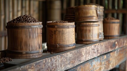 Naklejka premium Coffee beans stored in bamboo container