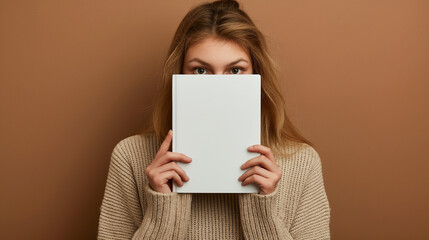 Naklejka premium Young woman hiding behind a white book on a brown background. Copy space. Generative AI
