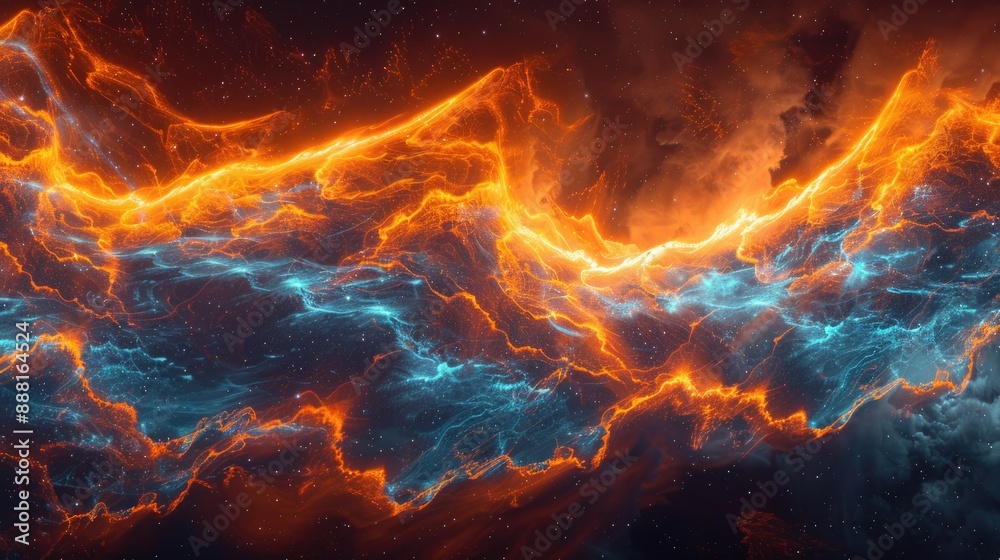 Wall mural waves of orange and blue energy pulsating through the vast expanse of space, creating an otherworldl