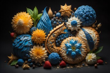 Delicious cakes in the form of flowers on a black background. generative ai