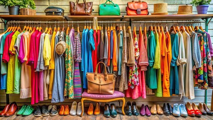 Colorful rack of assorted second-hand garments, bags, shoes, and accessories, reflective of sustainable fashion and eco-conscious lifestyles.