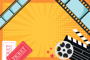 Cinema movie banner with pop art style elements. Clapper board, film reel, tickets and film strip. Movie film premiere template