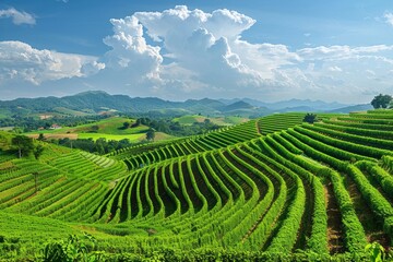 Fototapeta premium Tranquil Farmland: Panoramic View of Productive Countryside with Lush Crop Rows and Scenic Beauty